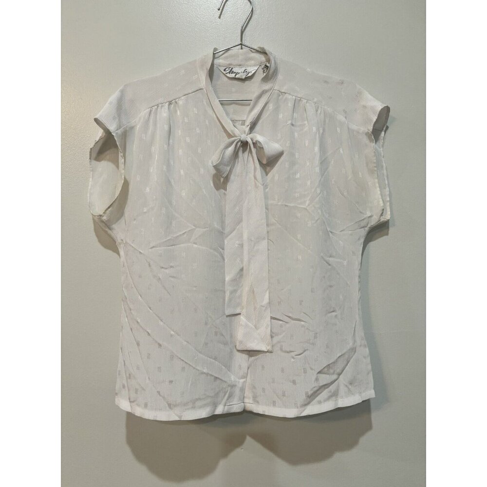 Vintage White Satin Button Up Blouse with Bow Size 10